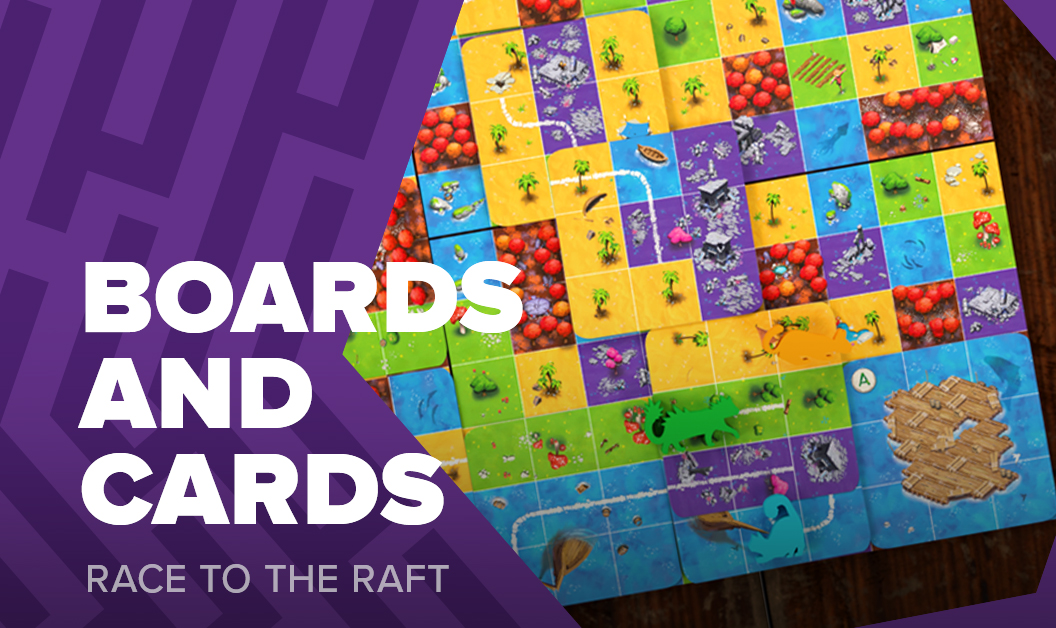 The boards and cards from Race to the Raft - The City of Games